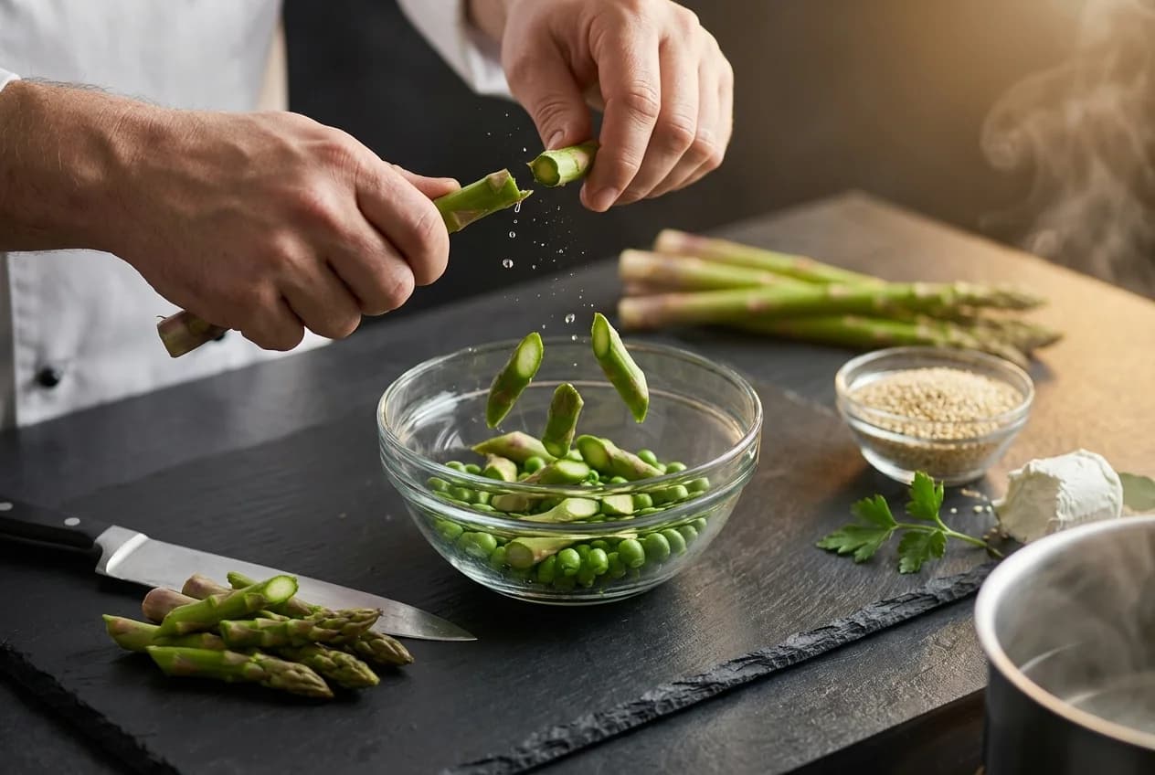 Etape 2 : Préparer les asperges vertes — Bowl printanier asperges & petits pois
