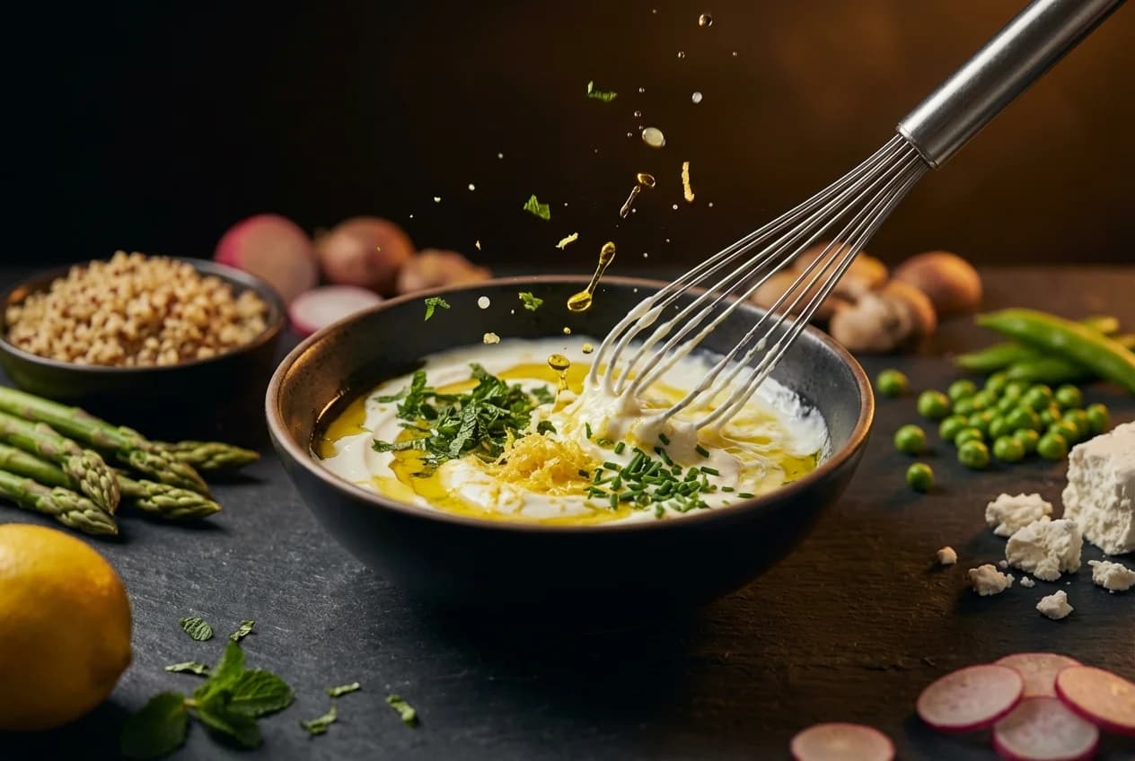 Etape 4 : Monter le dressing yaourt-citron — Bowl printanier asperges & petits pois
