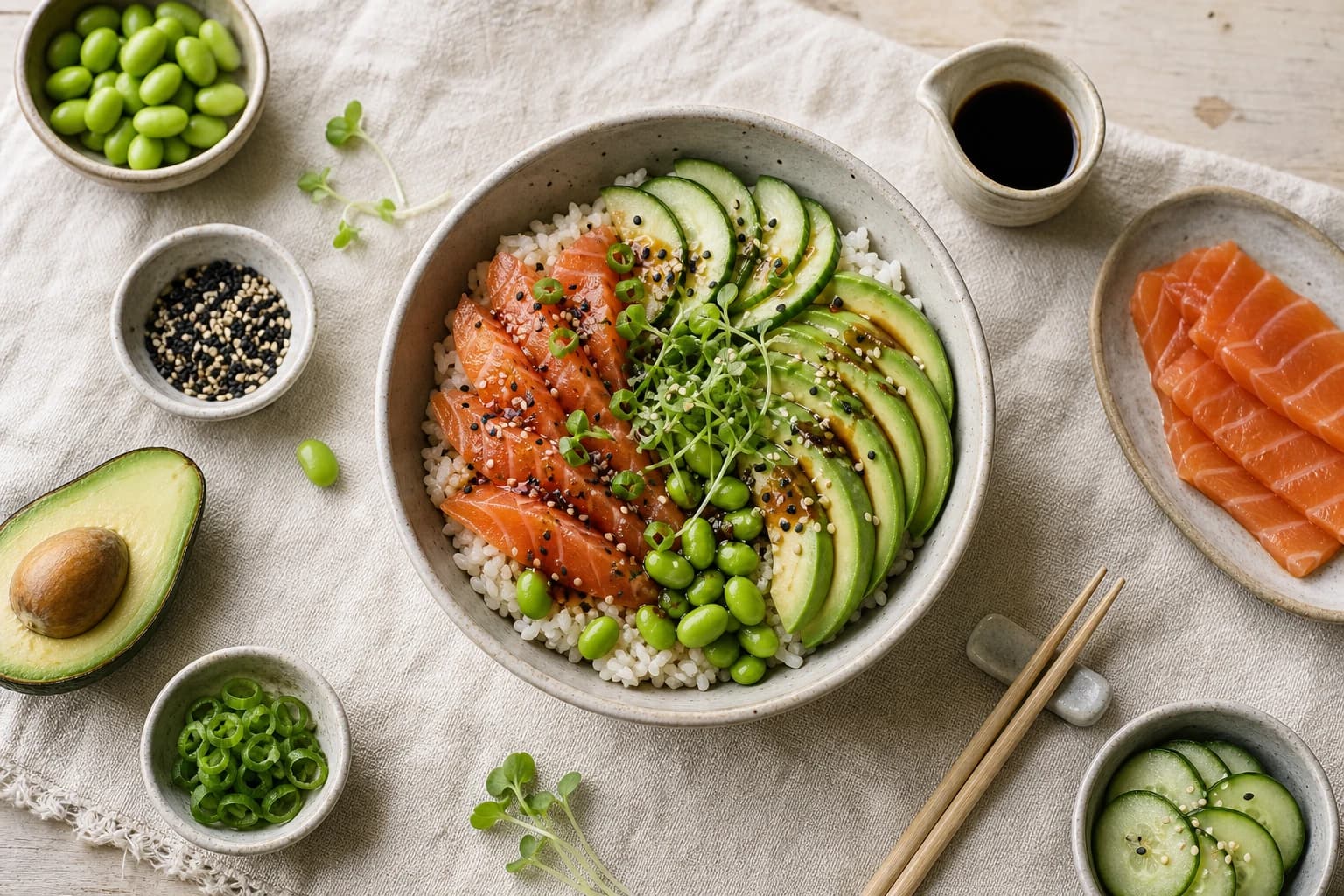 Bowl saumon fumé avocat concombre edamame vue de haut avec ingrédients bruts éparpillés sur surface claire marbre