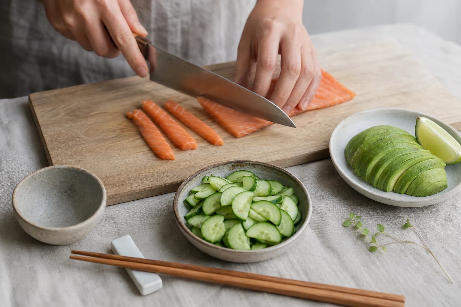 Etape 2 : Couper le saumon, l'avocat et le concombre — Bowl saumon fumé, avocat & concombre