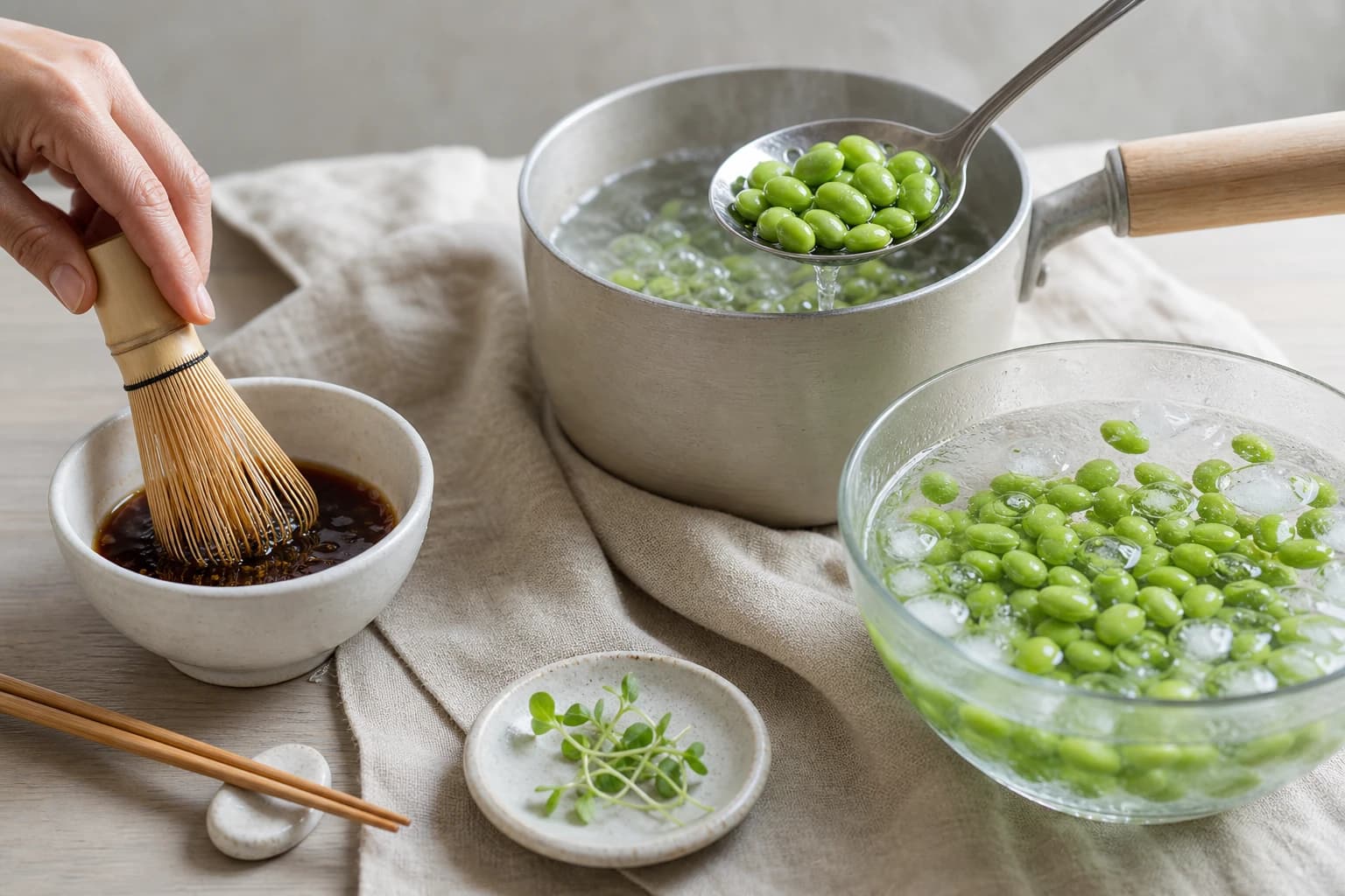Etape 3 : Préparer la sauce soja-sésame et blanchir les edamames — Bowl saumon fumé, avocat & concombre