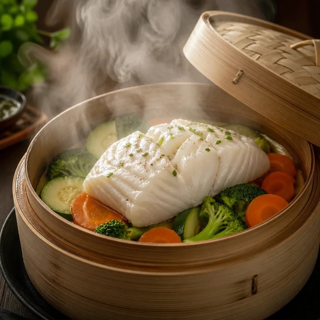 Étape 3 : Cuisson vapeur par étapes — Cabillaud vapeur & légumes fondants