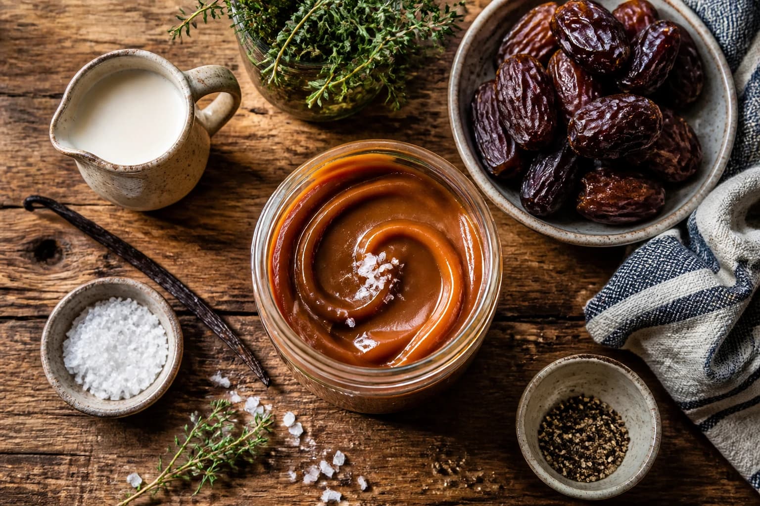 Caramel de dattes vegan onctueux dans un bocal en verre avec une cuillère, dattes Medjool en arrière-plan
