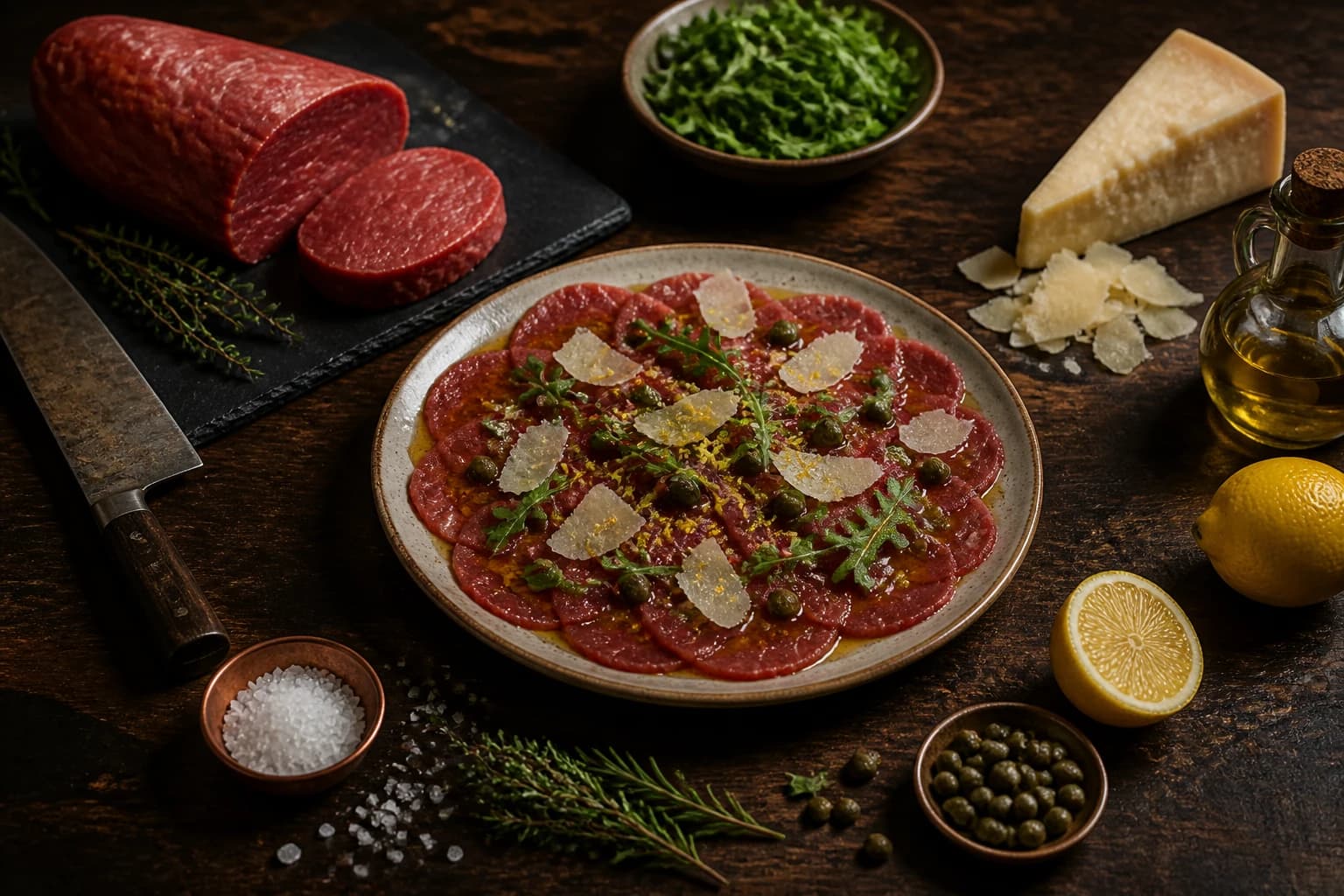 Carpaccio de bœuf en fines tranches avec roquette, copeaux de parmesan, huile d'olive et citron