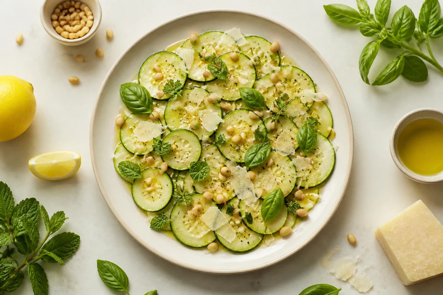 Carpaccio de courgettes au citron et parmesan vu de dessus, ingrédients disposés autour