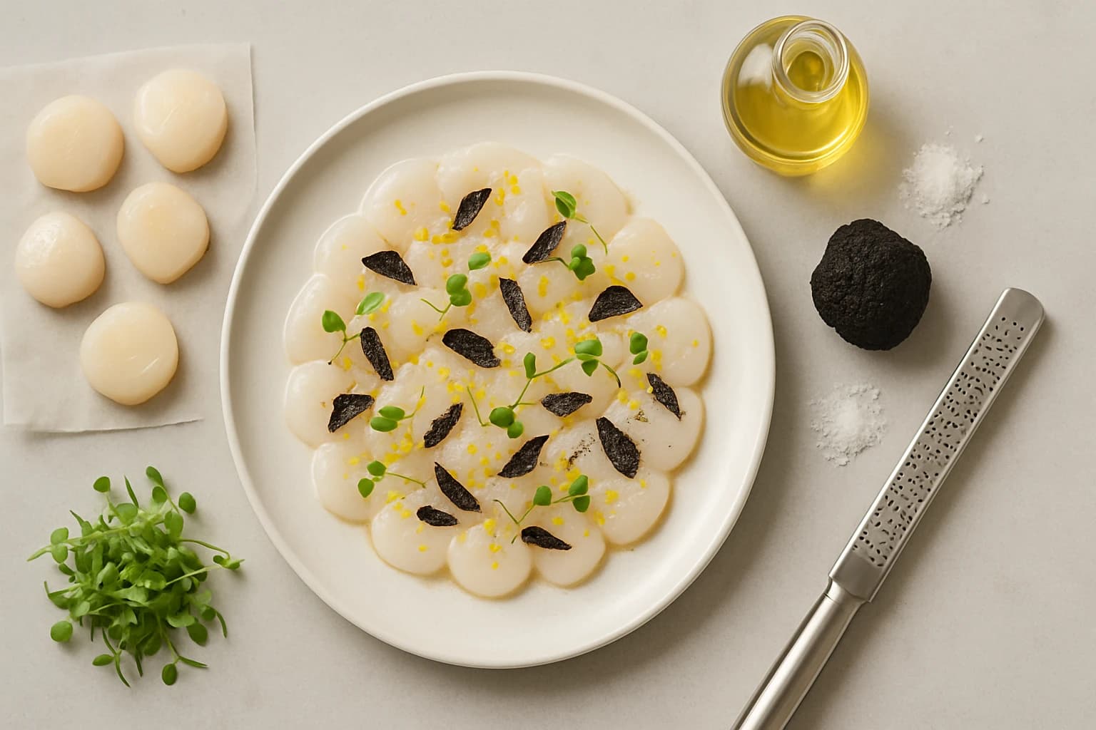 Carpaccio de Saint-Jacques truffe citron avec ingrédients disposés autour — produits frais sur marbre clair
