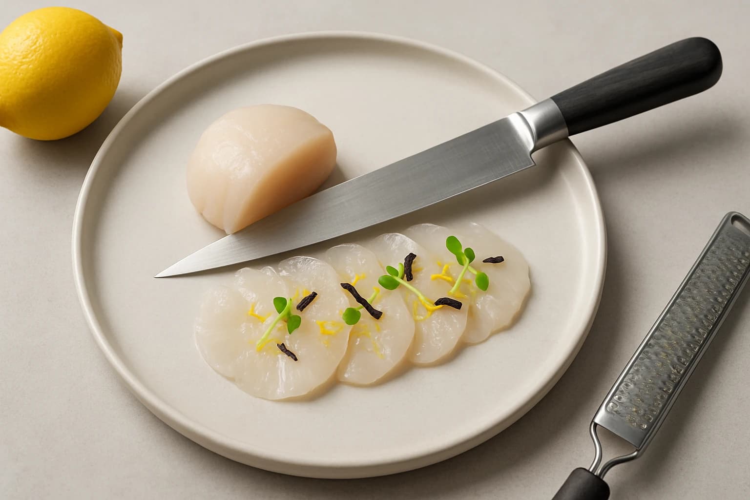 Etape 2 : Trancher en lamelles ultra-fines — Carpaccio de Saint-Jacques à la truffe