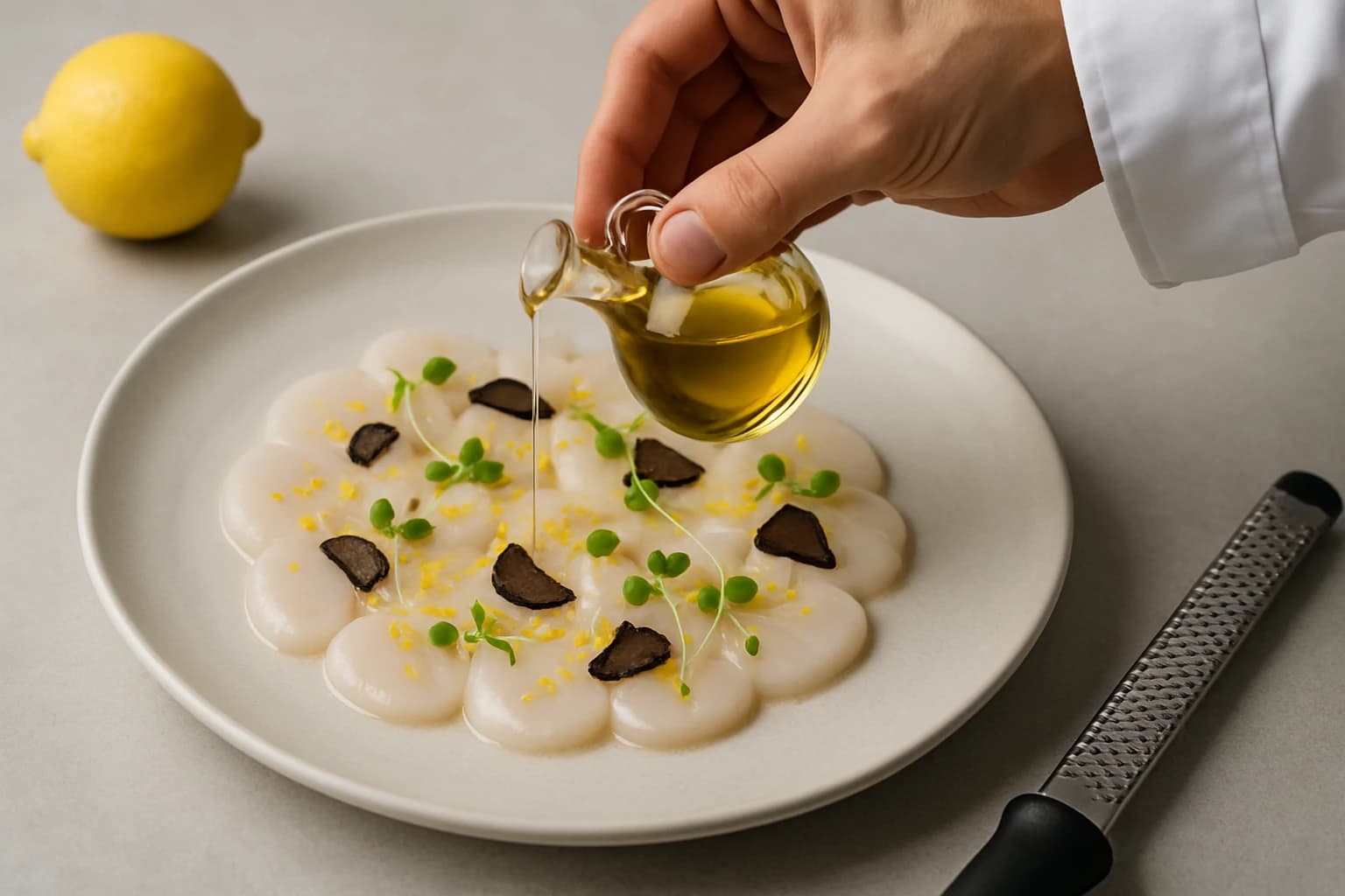 Etape 3 : Assaisonner et truffer — Carpaccio de Saint-Jacques à la truffe