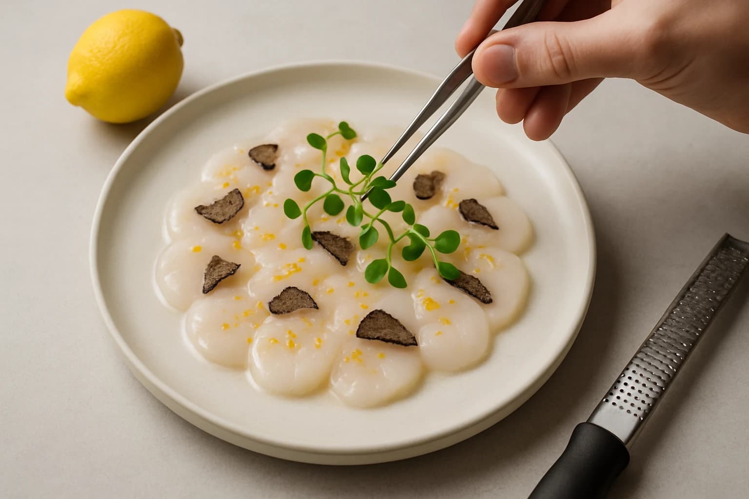 Etape 4 : Dresser et servir immédiatement — Carpaccio de Saint-Jacques à la truffe
