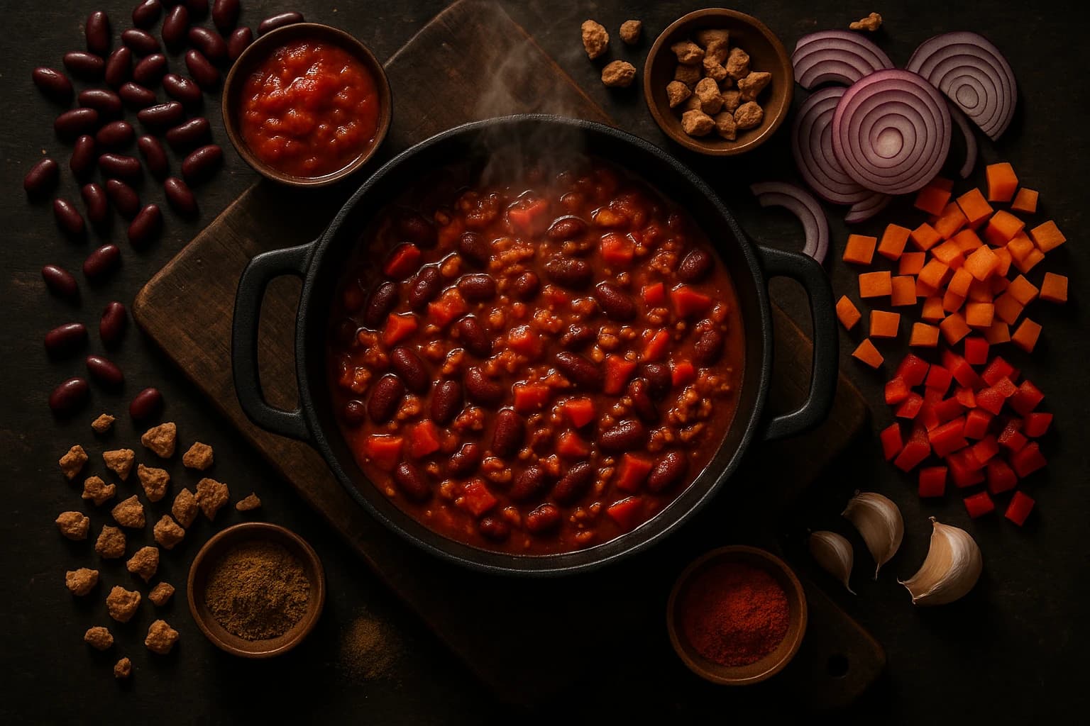 Chili sin carne vue de haut, haricots rouges et soja texturé dans une cocotte en fonte sur planche en bois