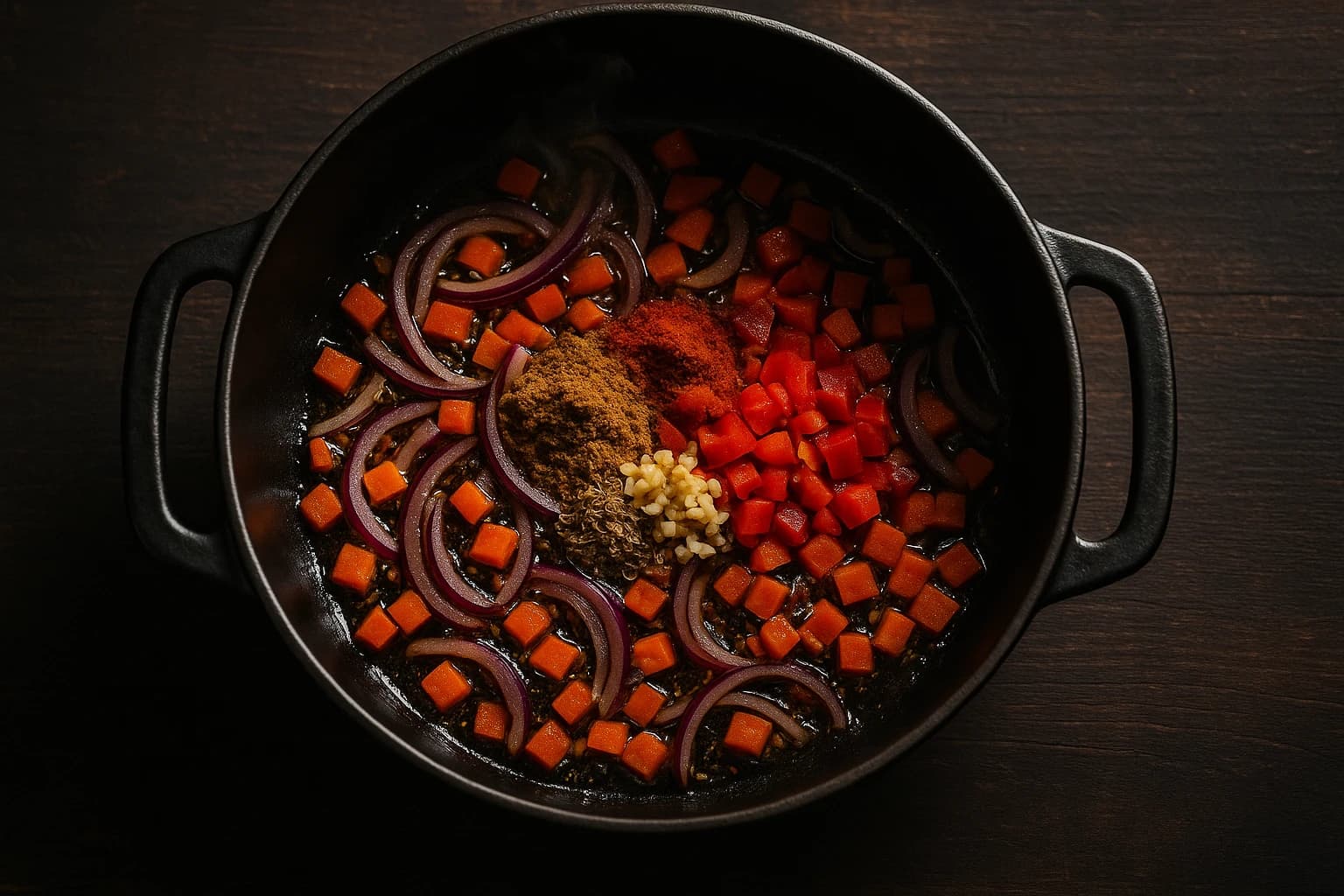 Etape 2 : Faire revenir la base aromatique — Chili sin carne fondant & épicé