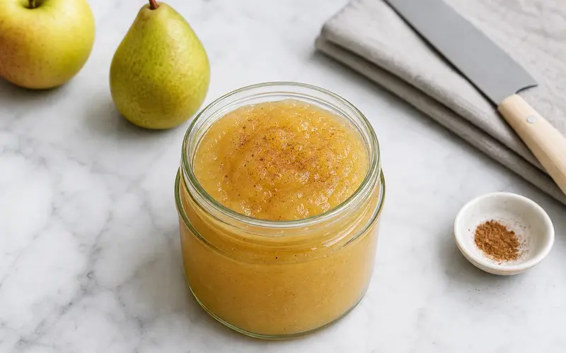 Compote de pommes et poires onctueuse dans un bocal en verre, saupoudrée de cannelle