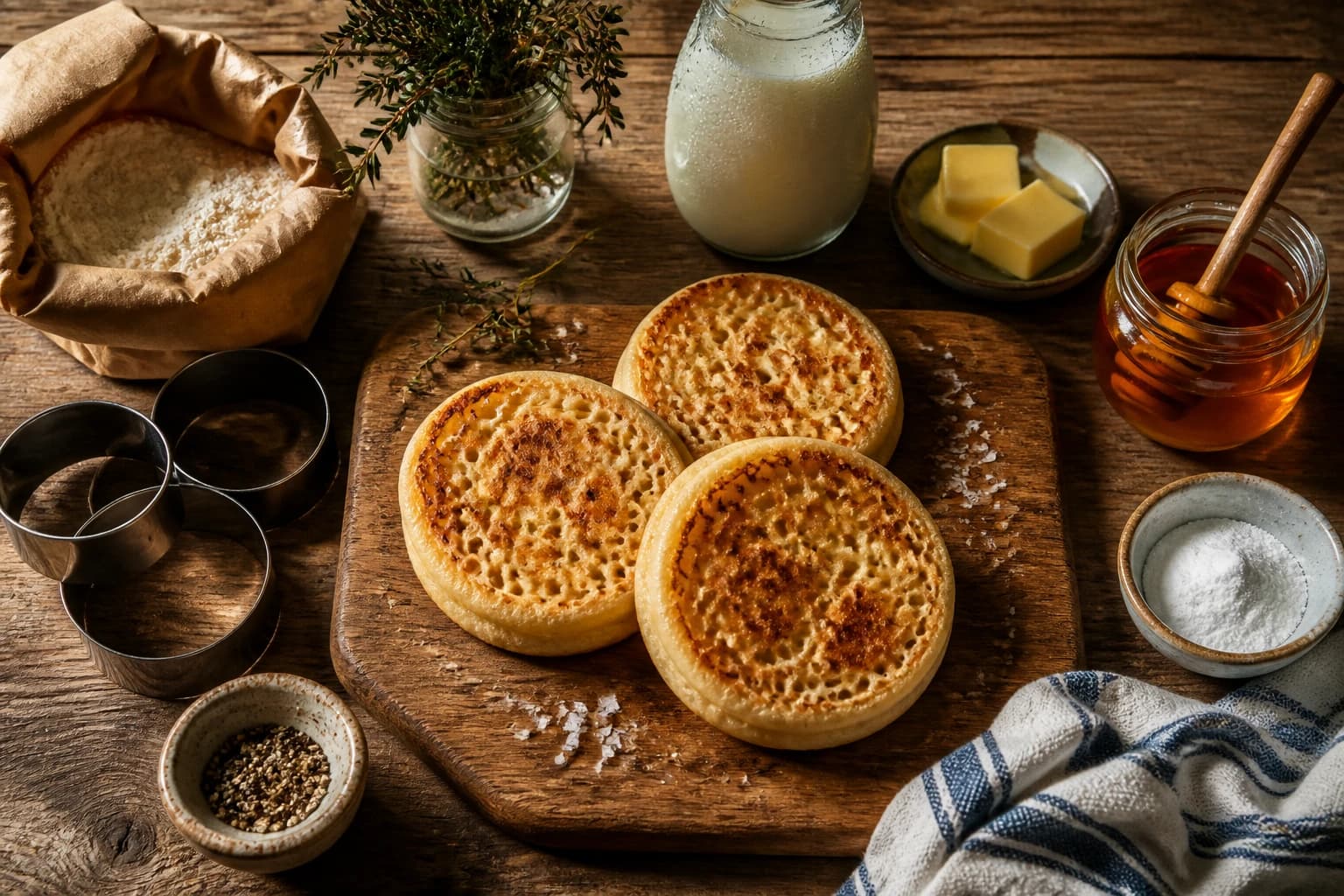 Crumpets maison alvéolés, beurrés et nappés de miel sur nappe à carreaux