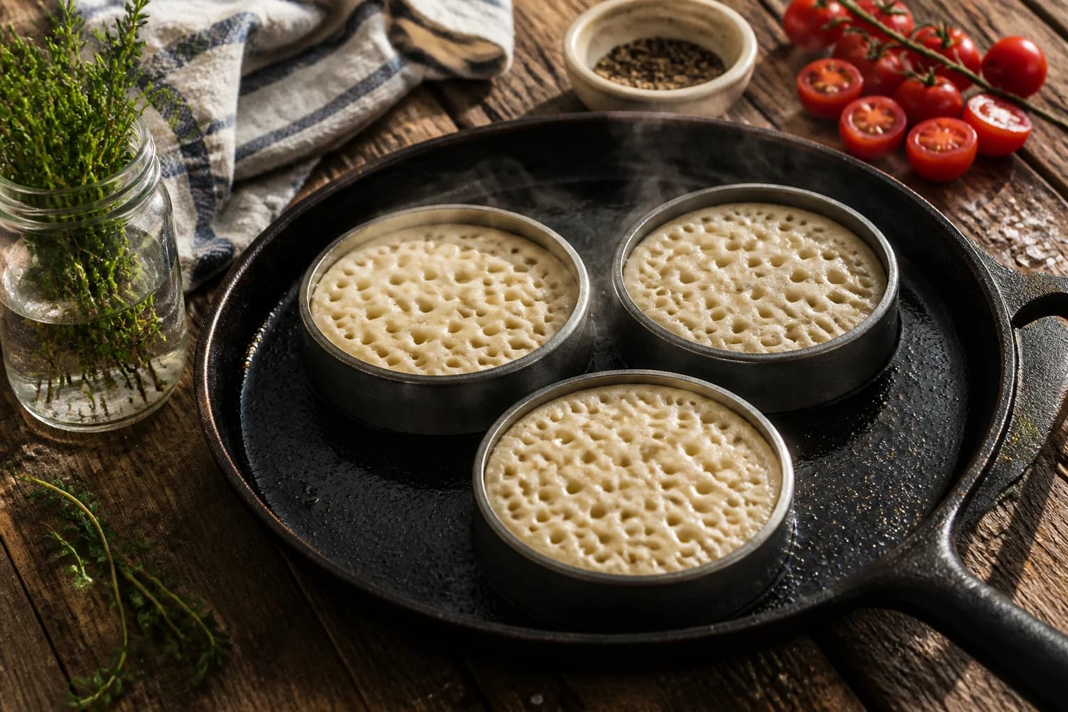 Etape 3 : Cuisson (côté trous) — Crumpets maison : la recette anglaise alvéolée