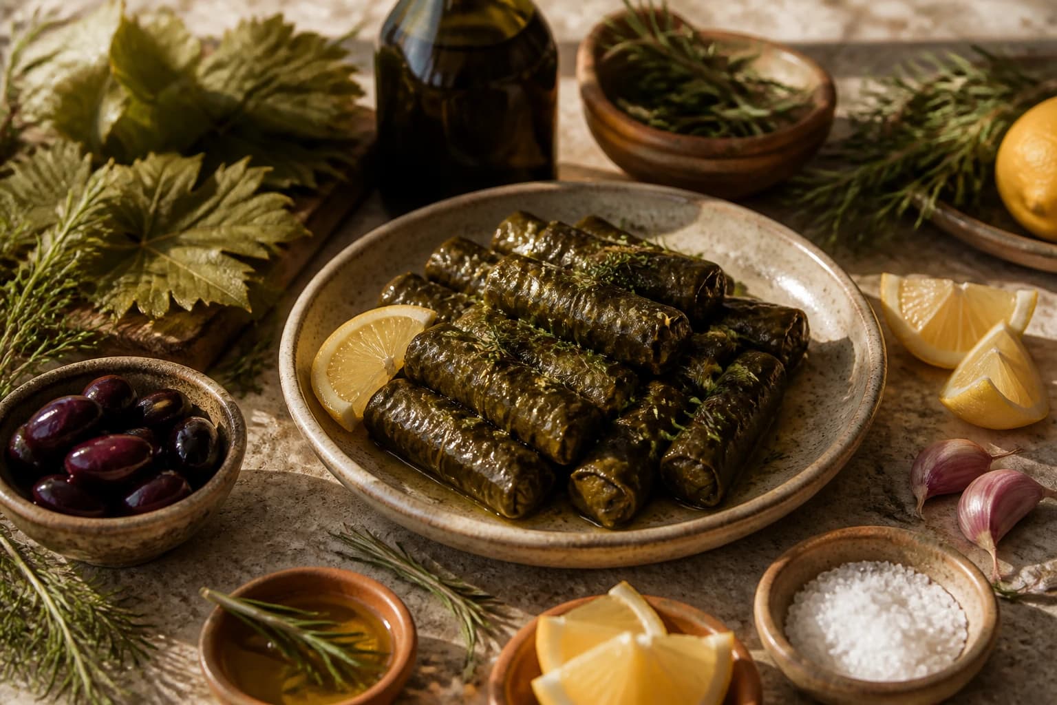 Dolmades grecs, feuilles de vigne farcies au riz et herbes, arrosées de citron et huile d'olive