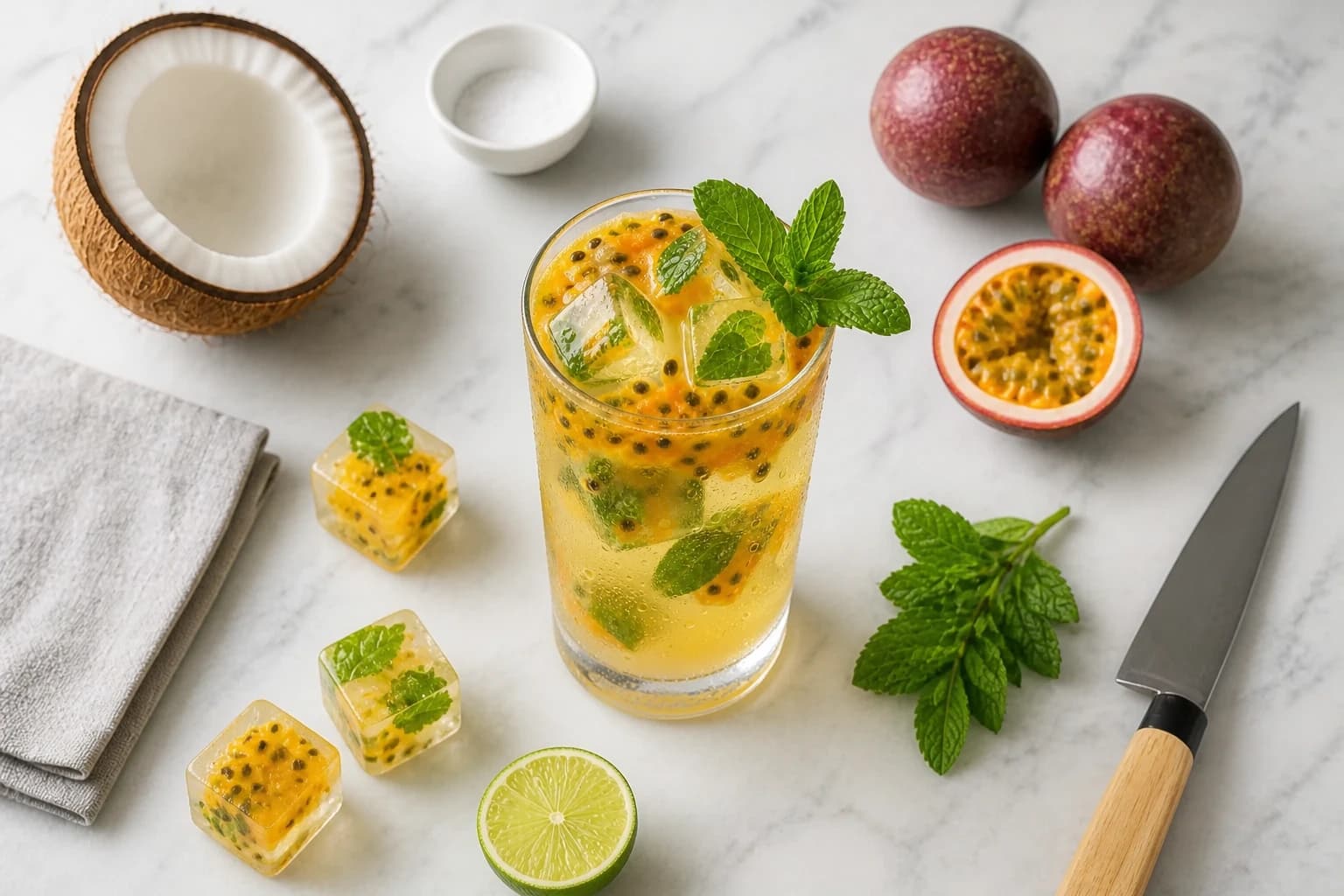 Verre d'eau de coco passion glacée avec glaçons fruités emprisonnant pulpe et menthe, servi lors d'une chaude journée d'été