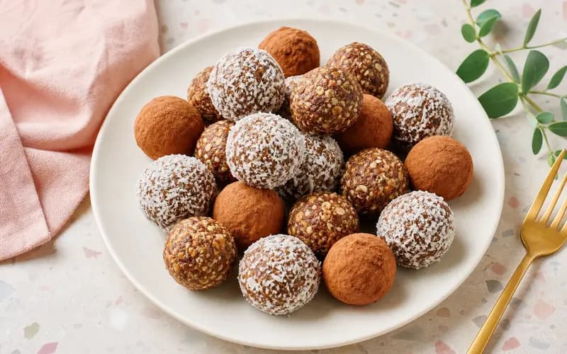 Energy balls dattes et avoine sans sucre ajouté roulées dans le cacao, disposées sur une assiette blanche