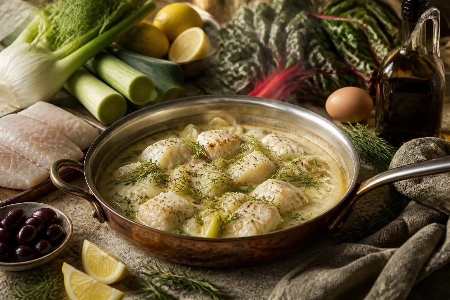 Fricassée de poisson blanc au citron à la grecque avec cabillaud fondant, poireaux et sauce avgolemono