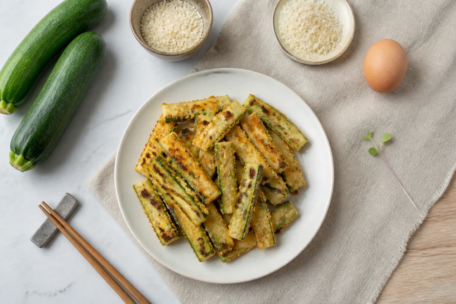 Frites de courgettes au four panées et dorées, croustillantes, entourées des ingrédients bruts