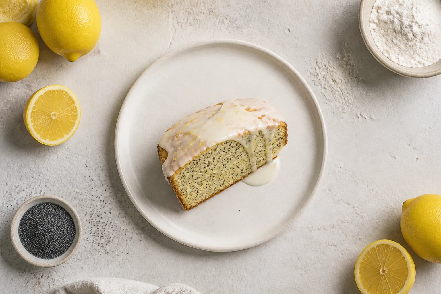 Gâteau citron pavot moelleux avec ingrédients frais : citrons, graines de pavot et yaourt nature