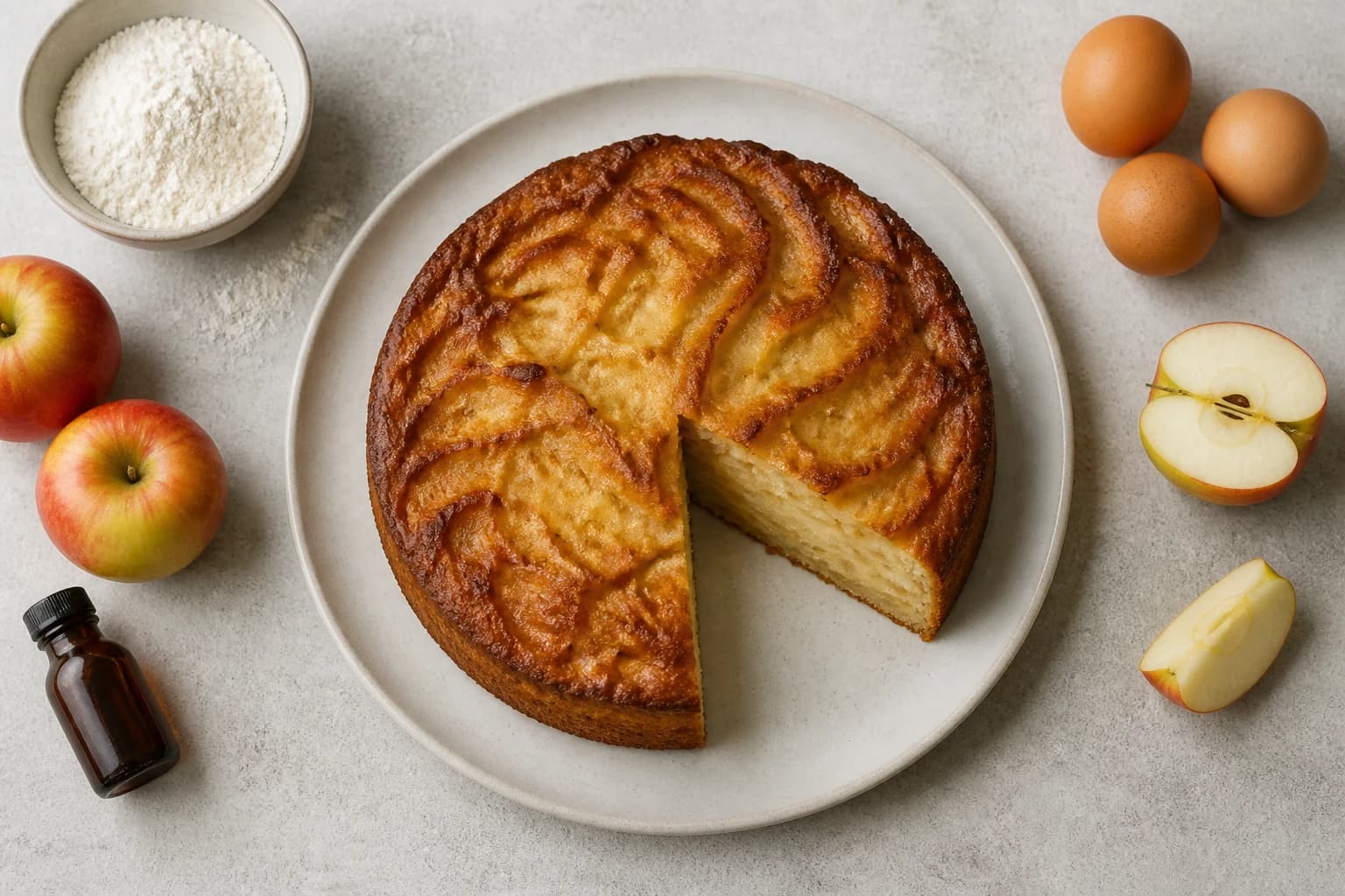 Gâteau invisible aux pommes léger vue dessus avec ingrédients autour, tranches dorées fondantes