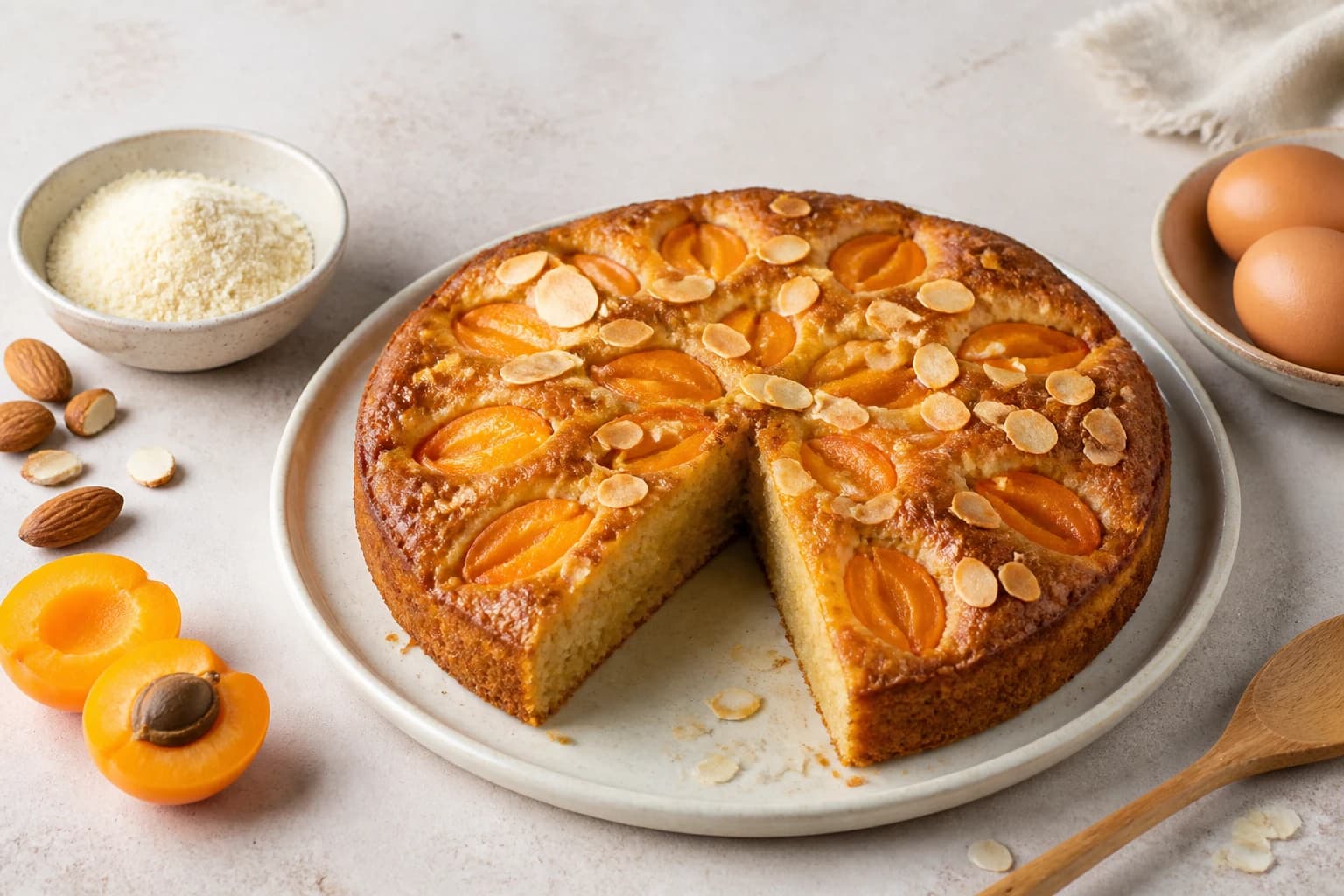 Gâteau moelleux aux abricots et amandes — ingrédients et présentation en surplomb