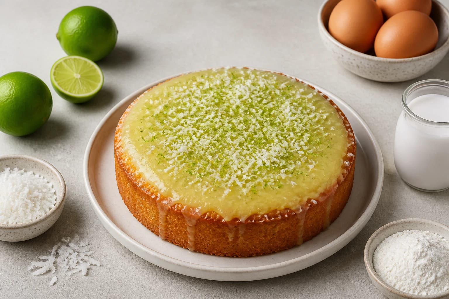 Gâteau noix de coco et citron vert, vue du dessus avec glaçage brillant et ingrédients bruts autour