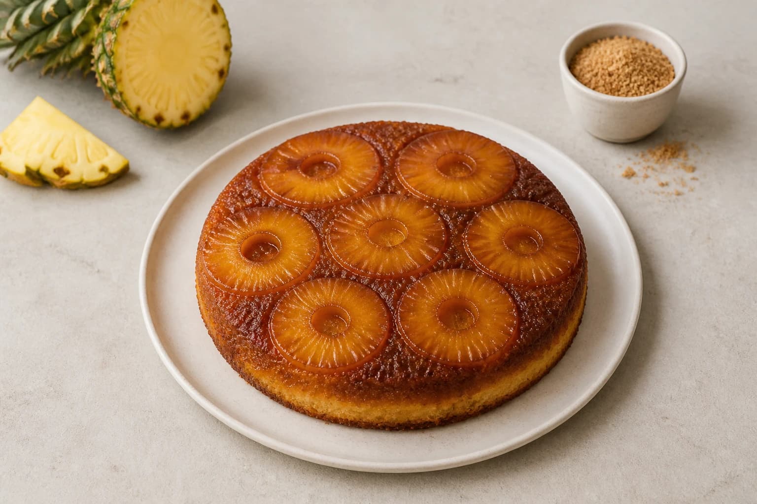 Gâteau renversé à l'ananas caramélisé avec tranches d'ananas, sucre roux et beurre disposés autour du gâteau doré