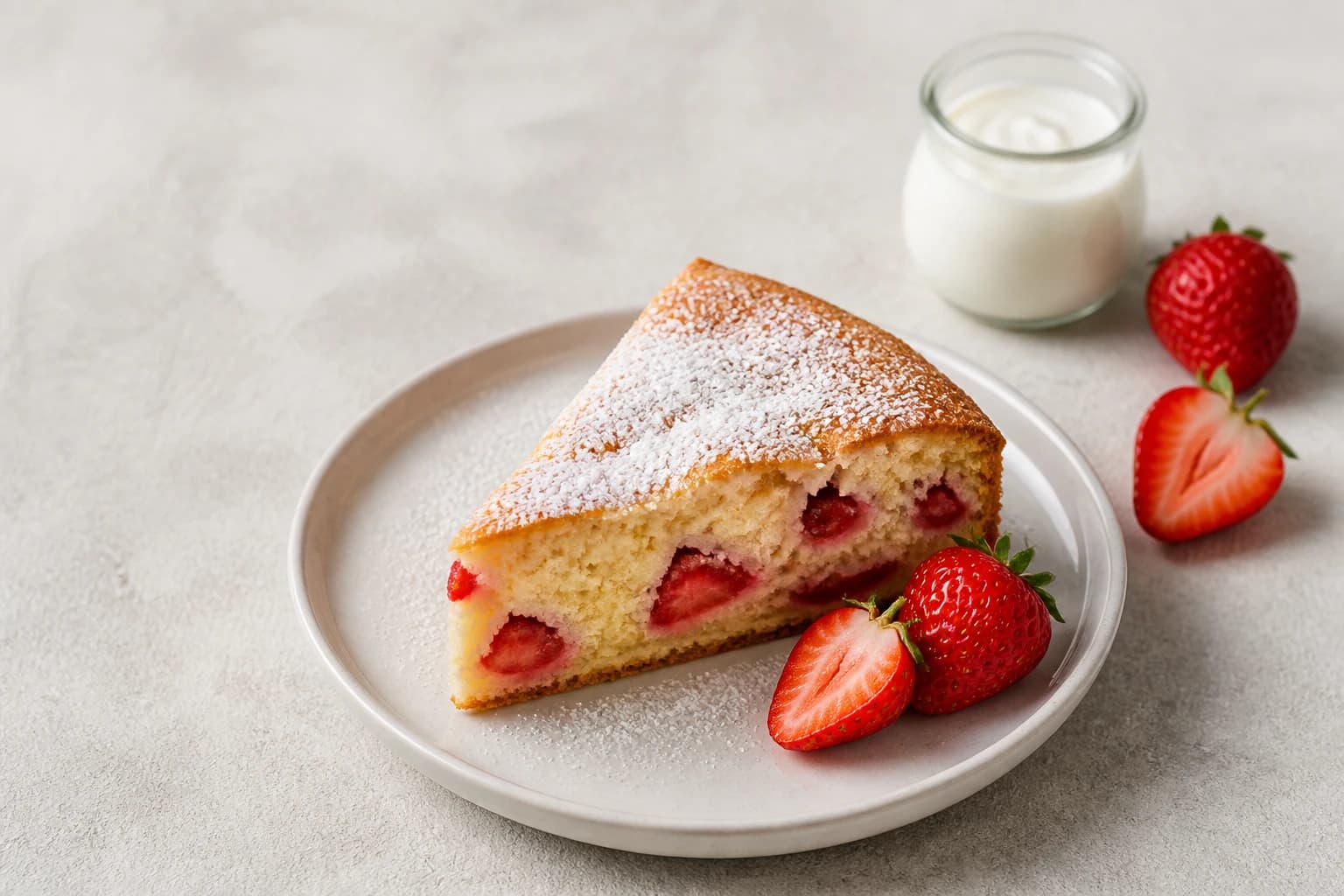 Gâteau au yaourt aux fraises vue de dessus, fraises fraîches visibles dans la mie moelleuse, ingrédients éparpillés autour