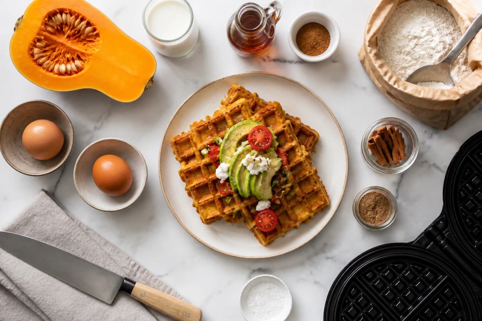 Gaufres butternut épicées dorées avec sirop d'érable et yaourt grec
