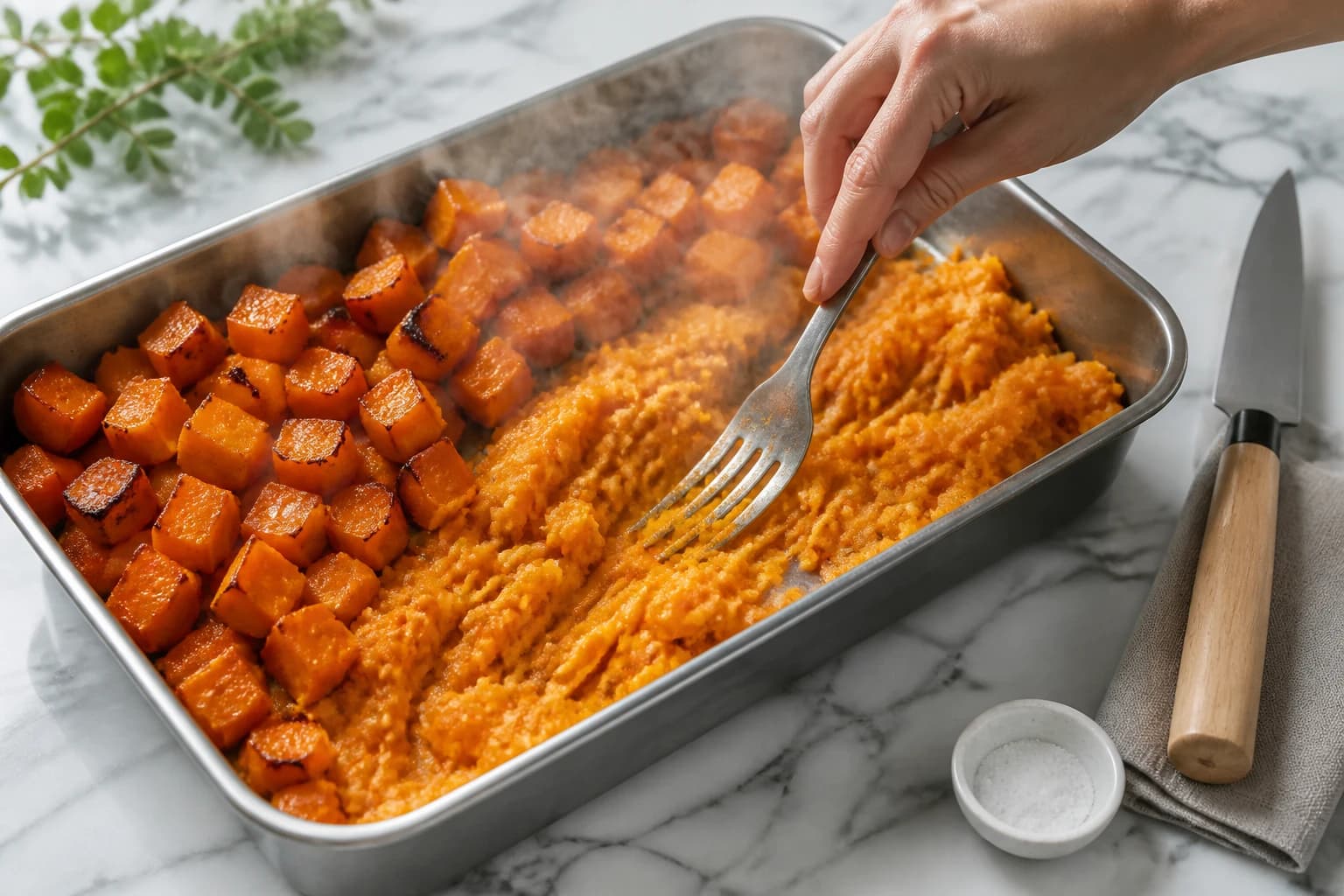 Etape 1 : Préparer la purée de butternut rôtie — Gaufres butternut épices : la saveur d'automne croustillante en 35 min