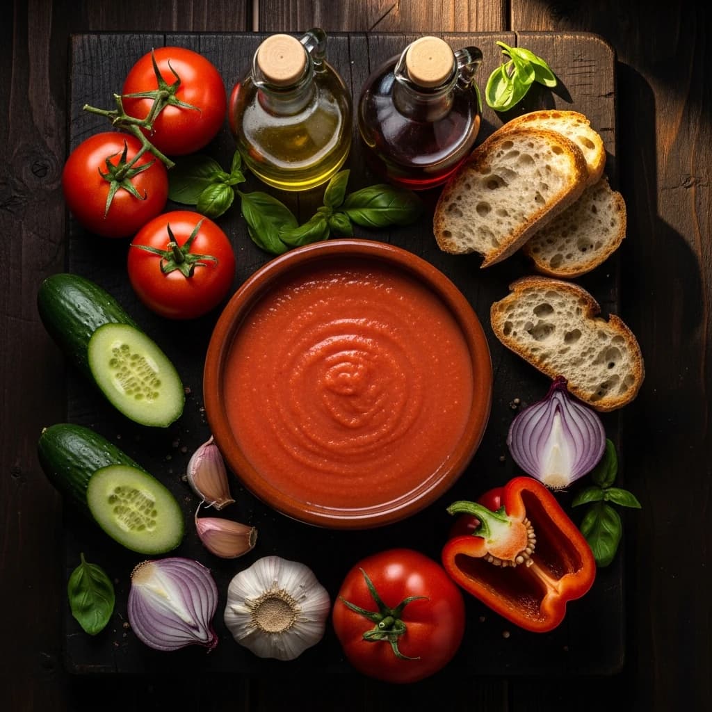 Gazpacho maison vue de dessus avec ingrédients éparpillés tomates concombre poivron