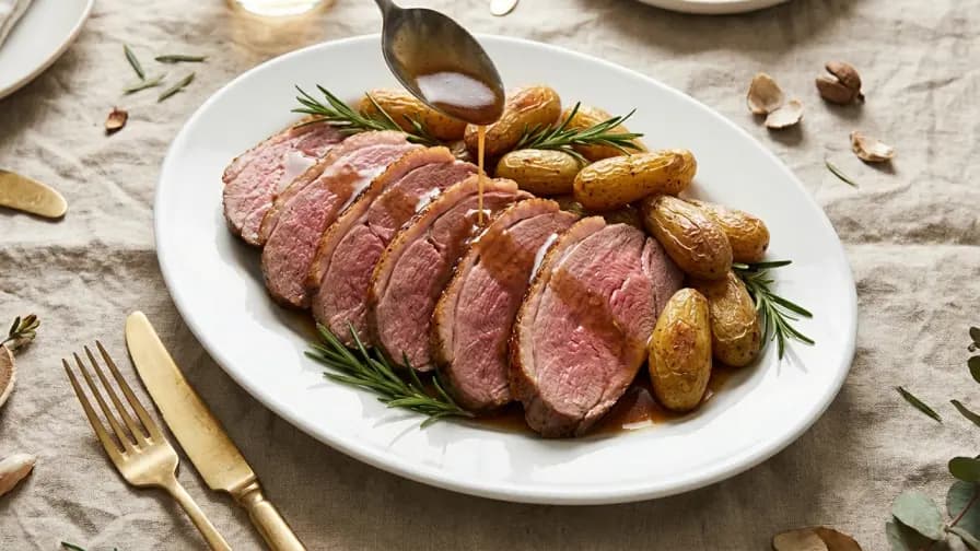 Gigot d'agneau de Pâques tranché servi avec pommes de terre grenaille confites et herbes aromatiques