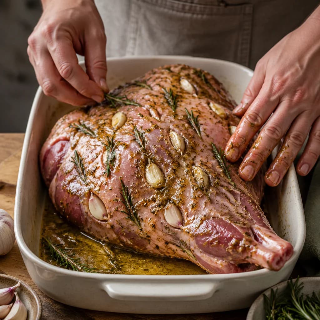Étape 2 : Piquer et enrober le gigot d'agneau — Gigot d'agneau de Pâques rôti