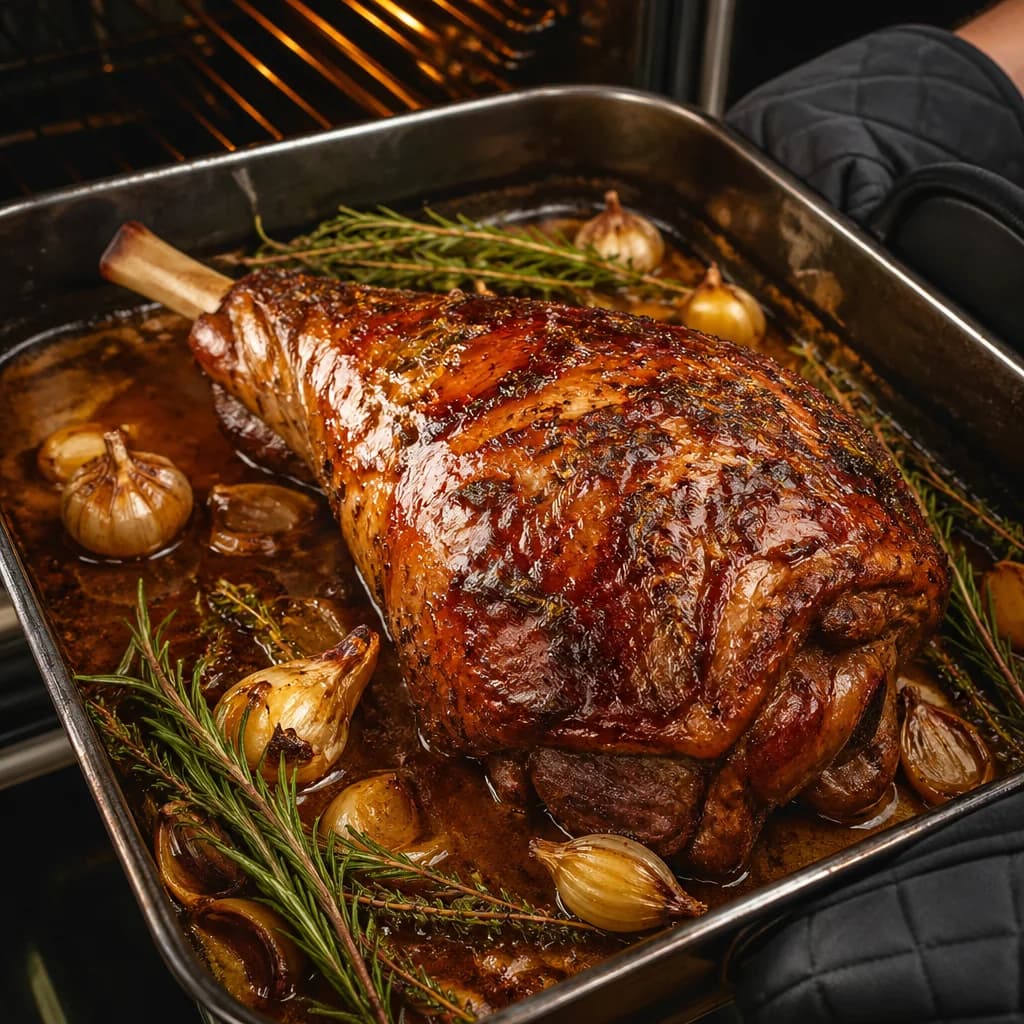 Étape 4 : Dorer la croûte et concentrer les jus — Gigot d'agneau de Pâques rôti