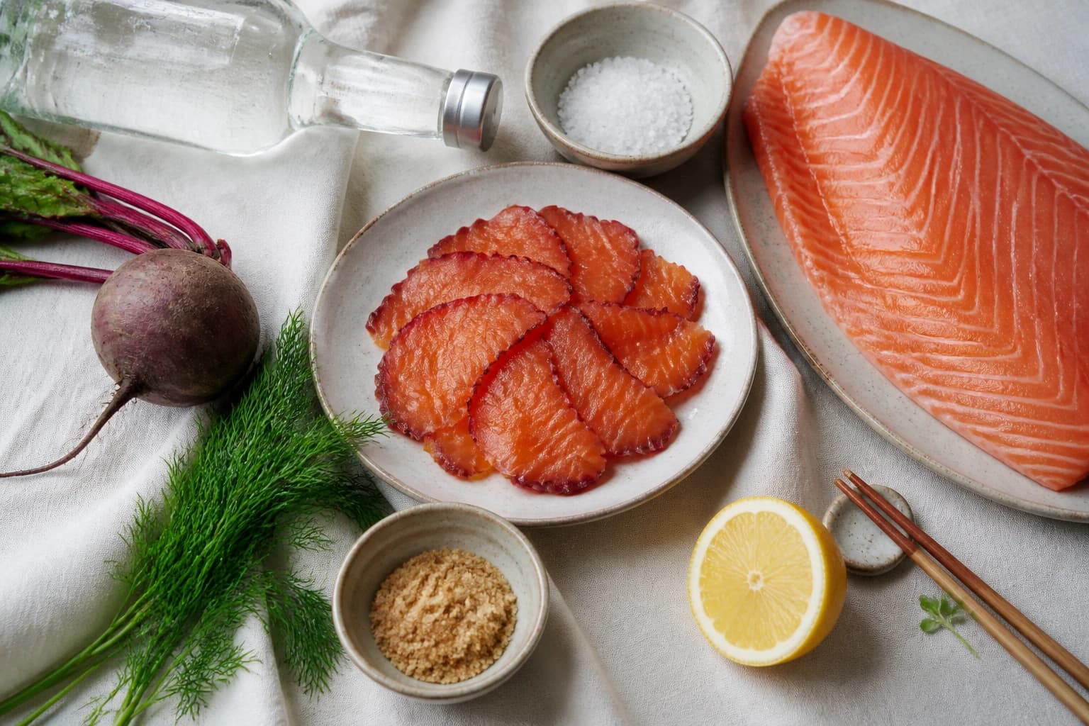 Tranches de gravlax bordeaux sur pain de seigle avec aneth et câpres