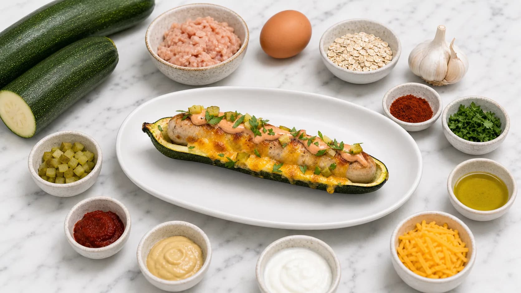 Hot dog courgette healthy gratiné au cheddar avec sauce au yaourt et cornichons