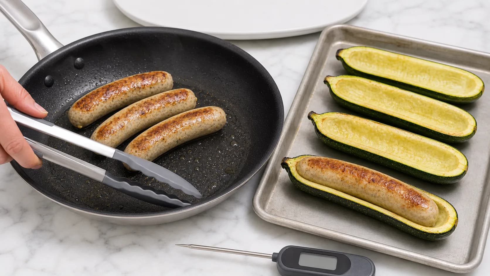 Etape 3 : Cuire les courgettes et les saucisses — Hot dog courgette healthy : le hit de l'été