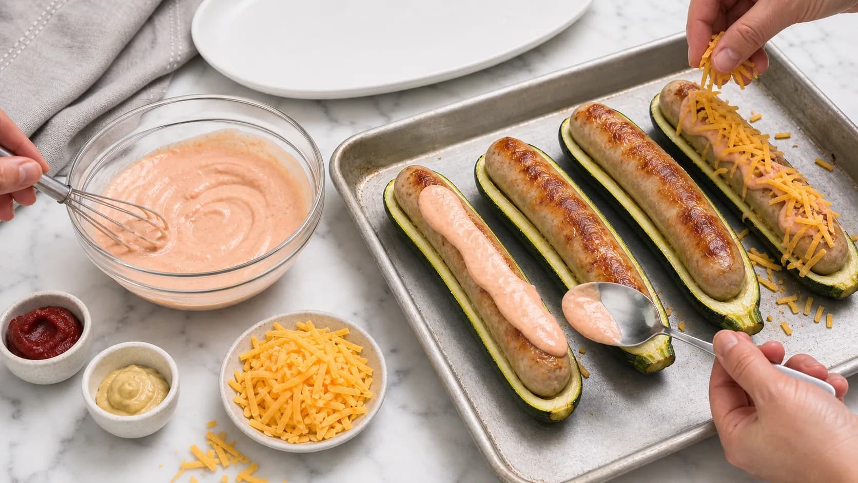 Etape 4 : Ajouter la sauce et faire gratiner — Hot dog courgette healthy : le hit de l'été