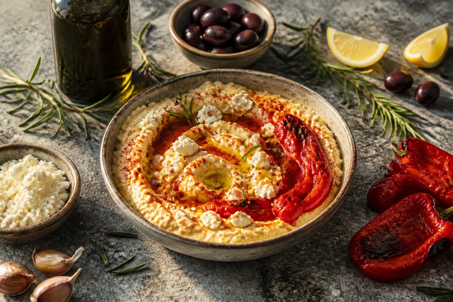 Htipiti, feta fouettée crémeuse au poivron rouge grillé et piment, arrosée d'huile d'olive dans un bol