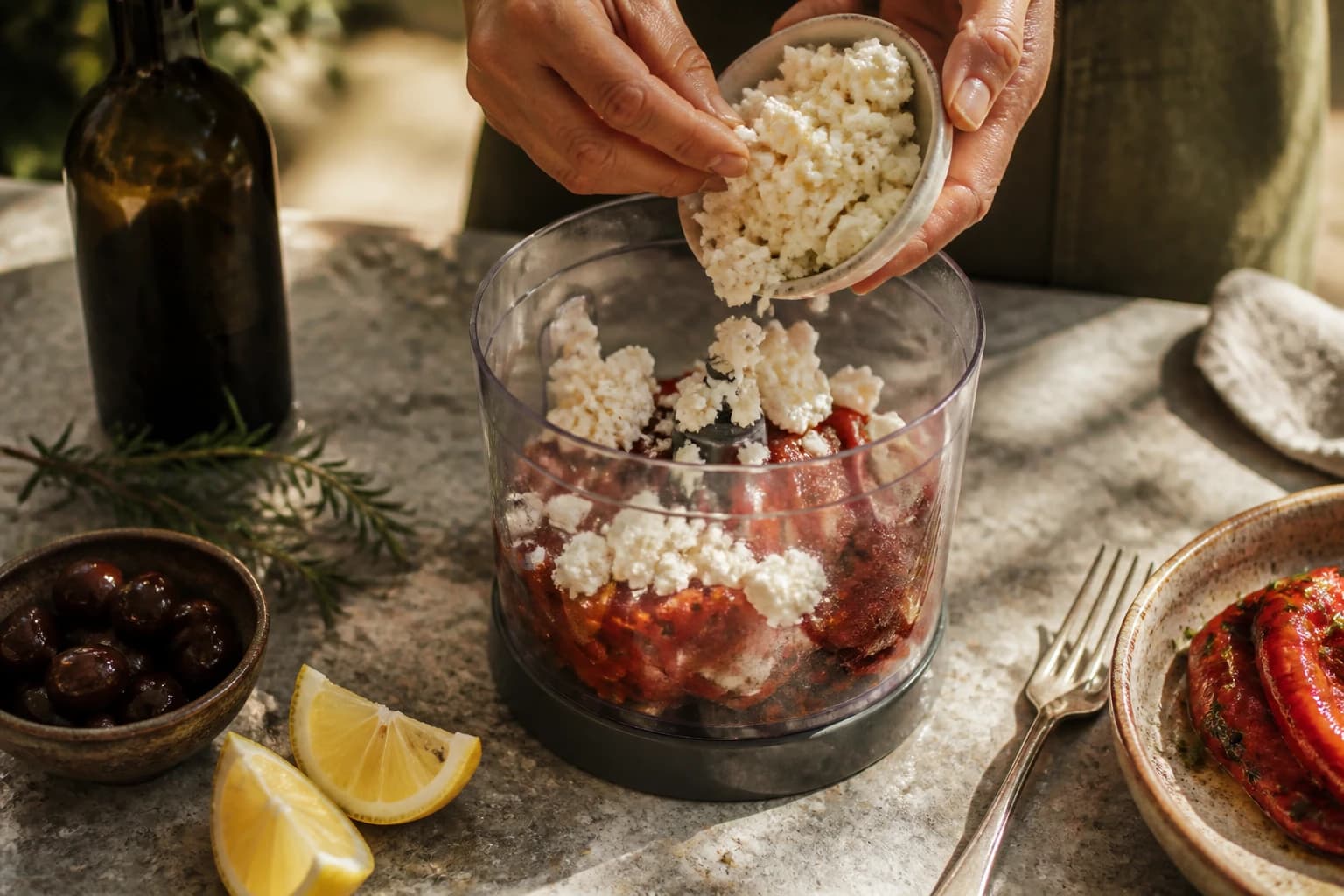 Etape 2 : Émietter la feta — Htipiti, feta fouettée au poivron grillé