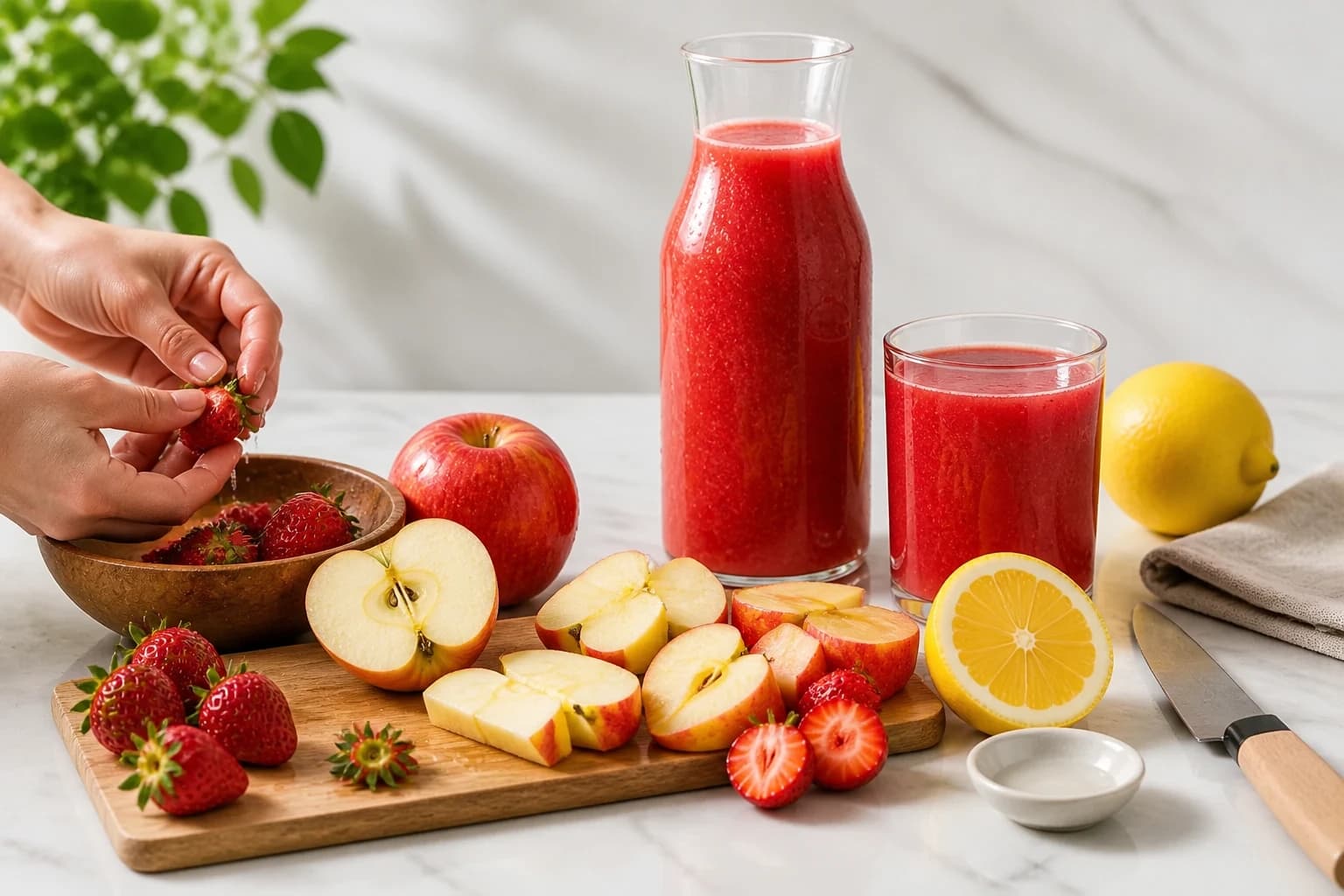 Etape 1 : Laver, équeuter et couper les fruits — Jus fraise pomme citron : 3 équilibres