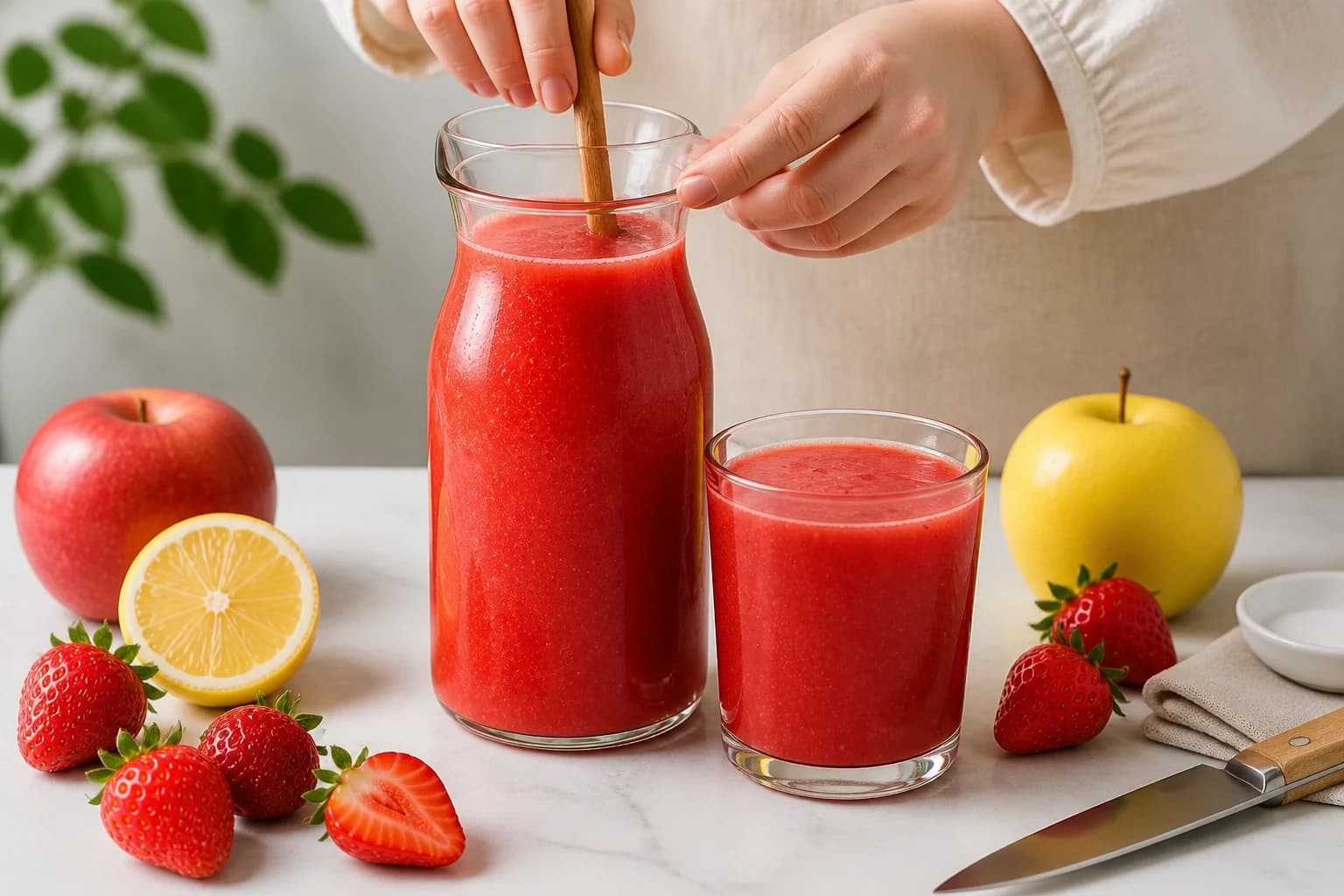 Etape 4 : Diluer et servir frais — Jus fraise pomme citron : 3 équilibres