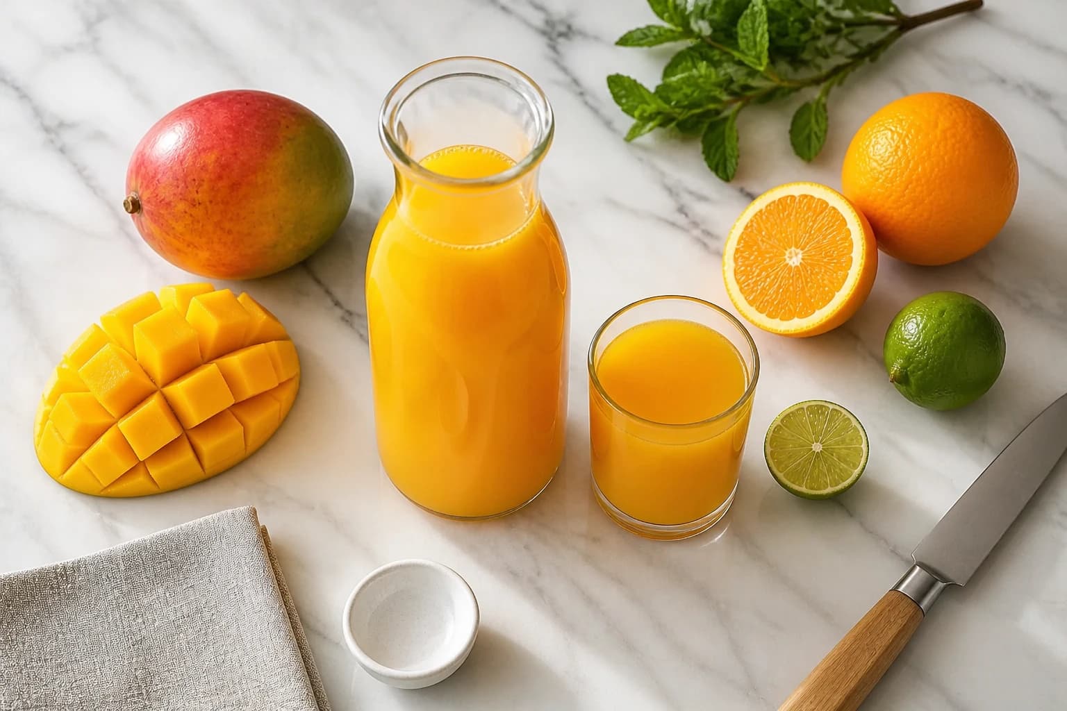 Préparation du jus mangue orange citron vert au blender avec pulpe et agrumes