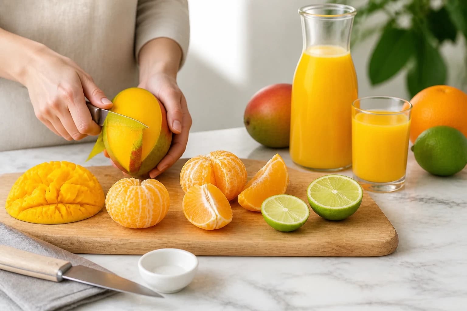 Etape 1 : Préparer les fruits — Jus mangue orange citron vert : 3 textures