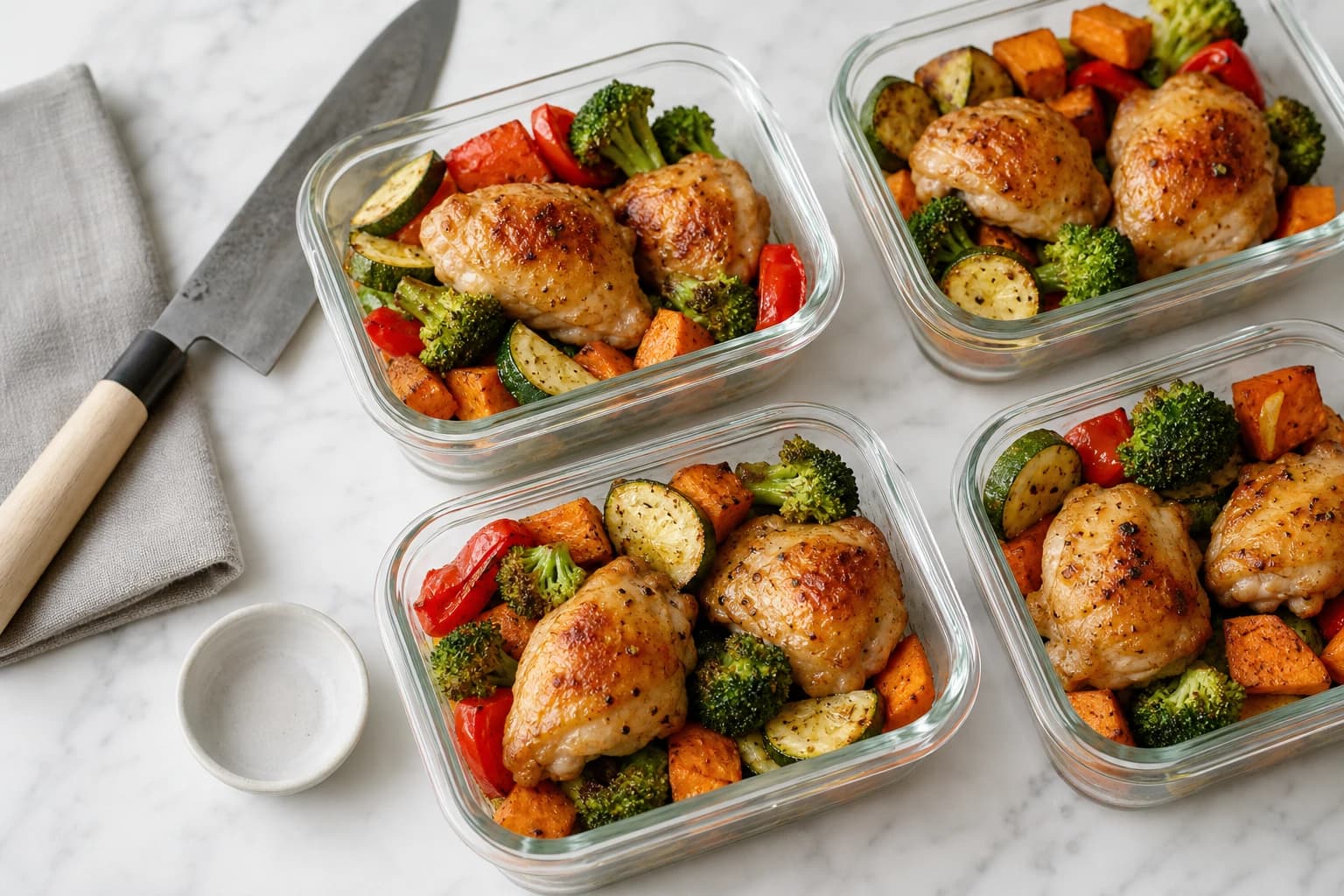 Meal prep poulet légumes rôtis : 4 repas minceur en 1h