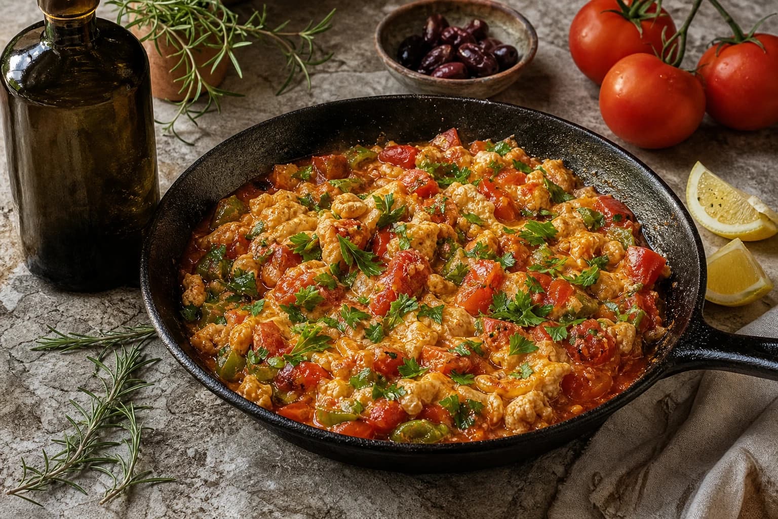 Menemen turc : oeufs brouillés aux tomates et poivrons