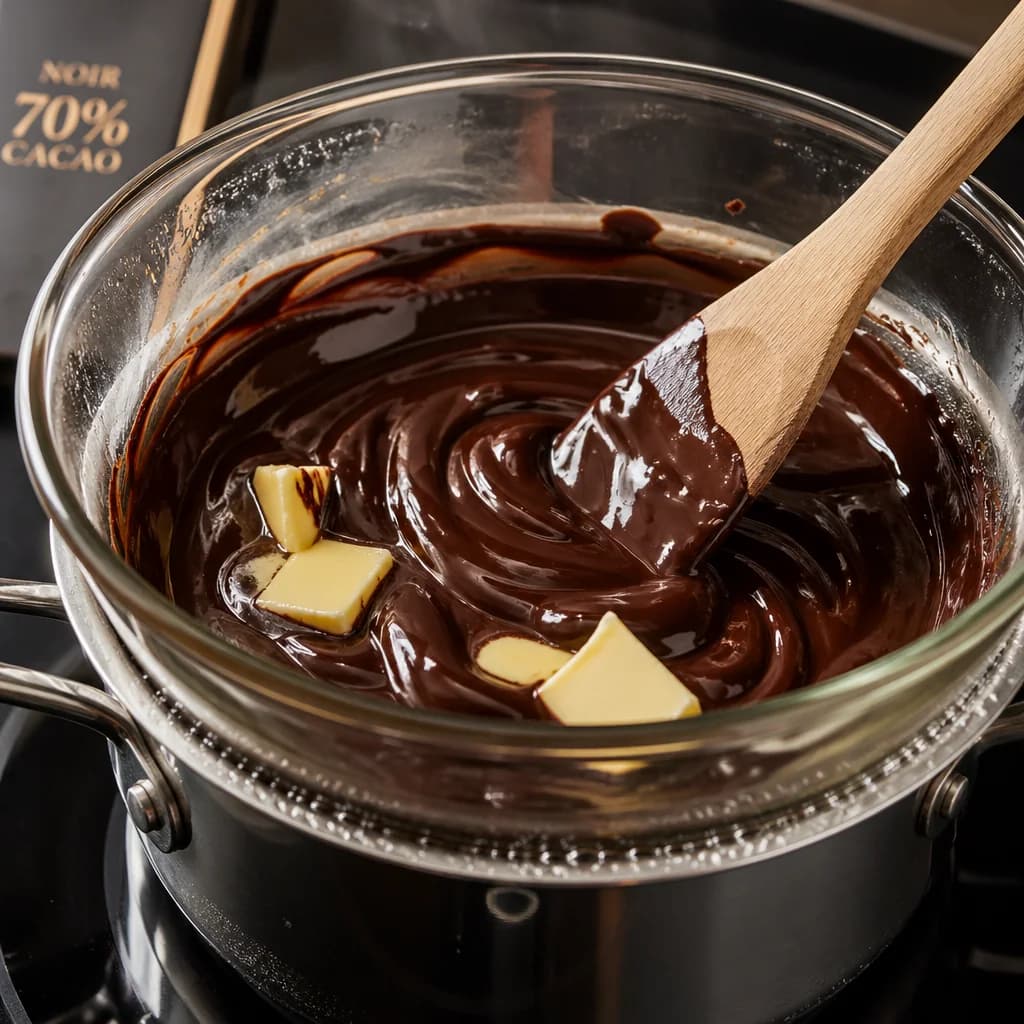 Étape 1 : Faire fondre le chocolat et le beurre — Moelleux au chocolat noir 70 % coulant