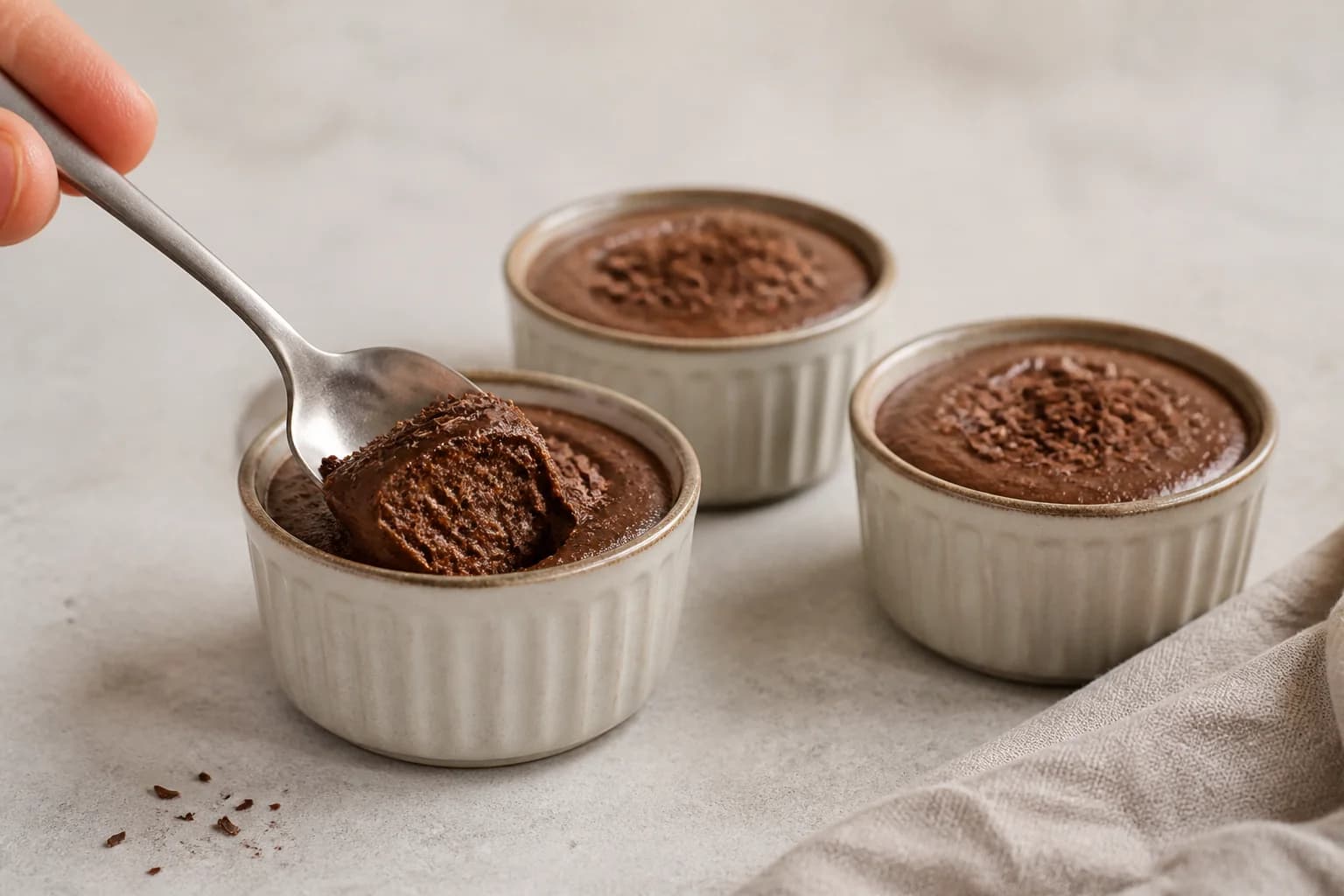 Mousse au chocolat vegan dans des verrines transparentes, copeaux de chocolat noir sur le dessus