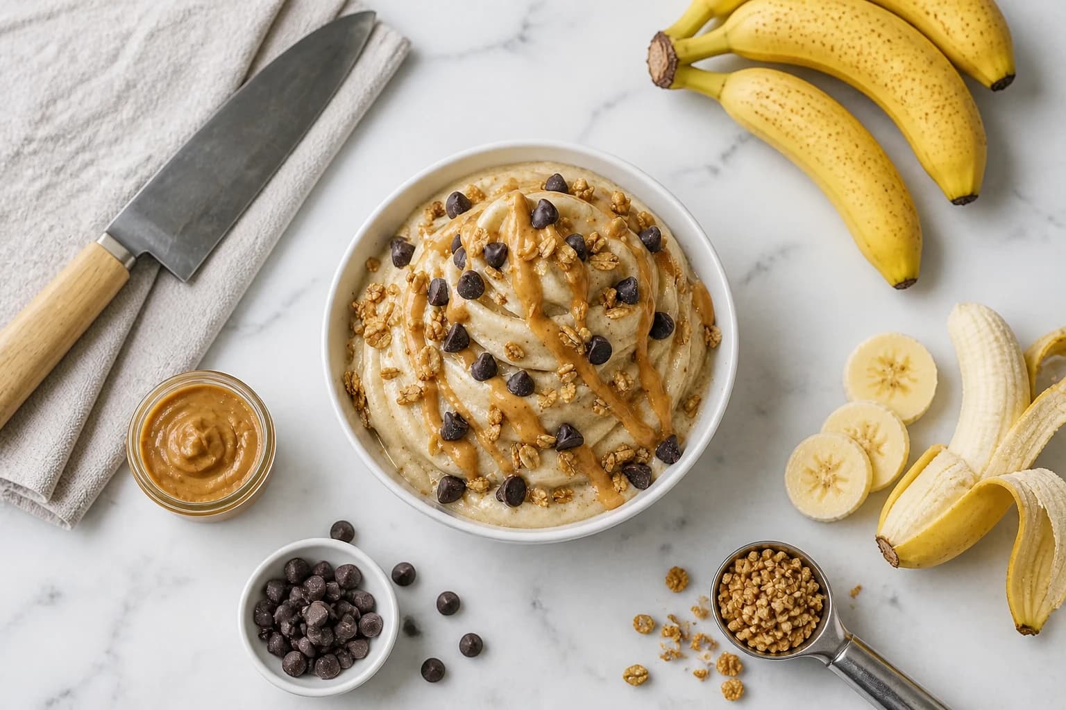Nice cream banane dressée en bol avec toppings de chocolat noir et granola